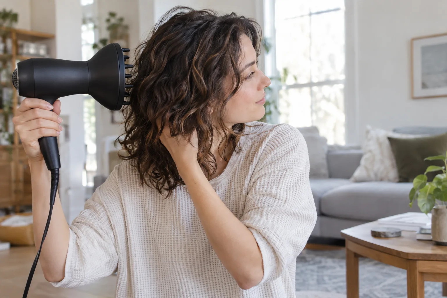 Adulte séchant doucement des cheveux ondulés aux épaules avec un diffuseur dans une pièce lumineuse