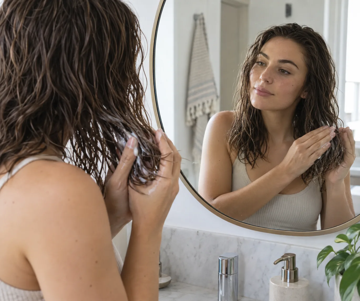 Jeune femme répartissant une petite quantité de soin sans rinçage sur les mi-longueurs et pointes humides devant un miroir