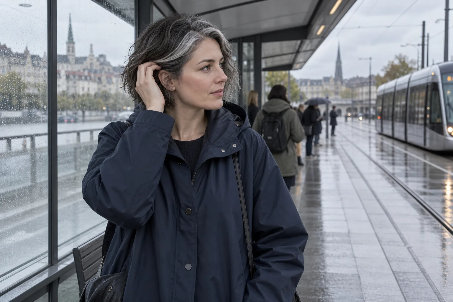 Young woman with a natural salt-and-pepper bob checking a silver front section at a rainy tram stop in overcast daylight
