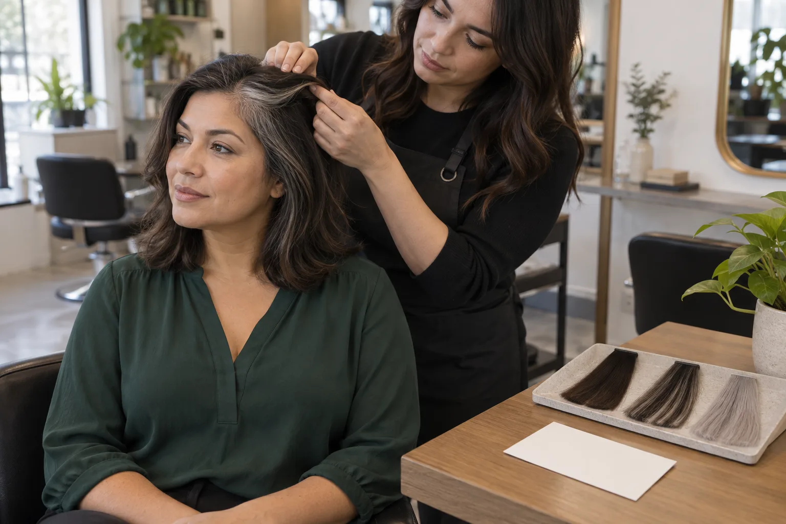Young client and colorist examining natural silver distribution beside coverage, blending, and grow-out swatches