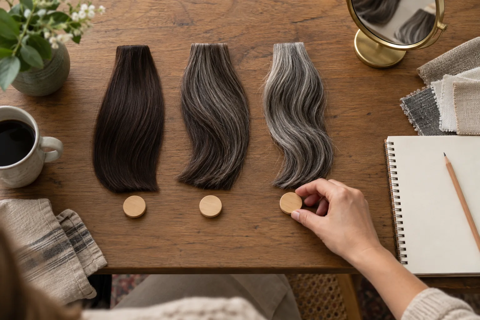 Three brunette hair swatches showing opaque coverage, a dimensional salt-and-pepper blend, and a silver grow-out direction