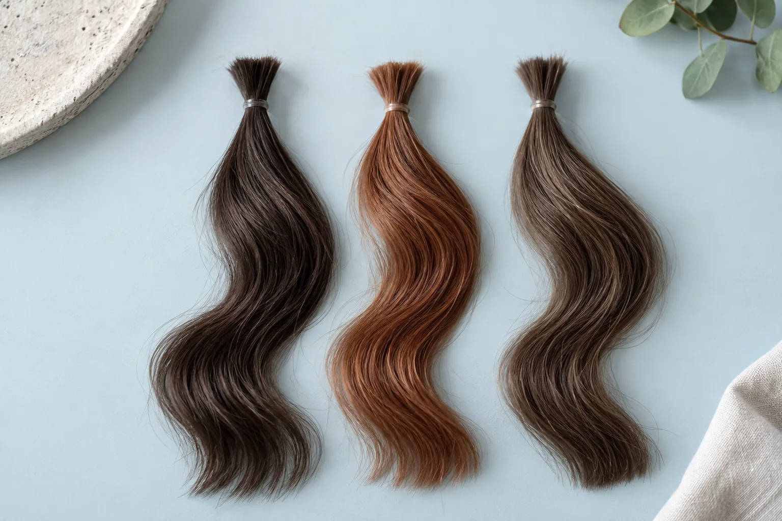 Three physical hair sample bundles with similar waves and length show dark brunette, muted copper and cooler brown on a pale blue surface