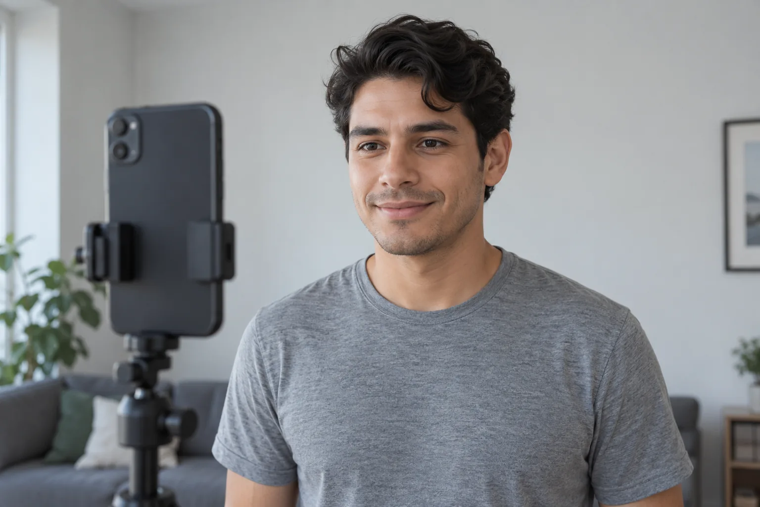 Adult with short dark waves faces a tripod-mounted phone in even window light against a plain grey wall
