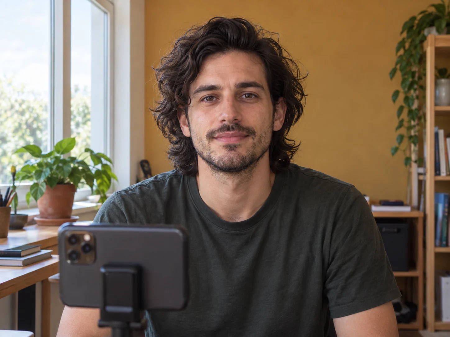 Homme adulte aux cheveux ondulés préparant un portrait avec un téléphone placé à hauteur des yeux près d'une fenêtre