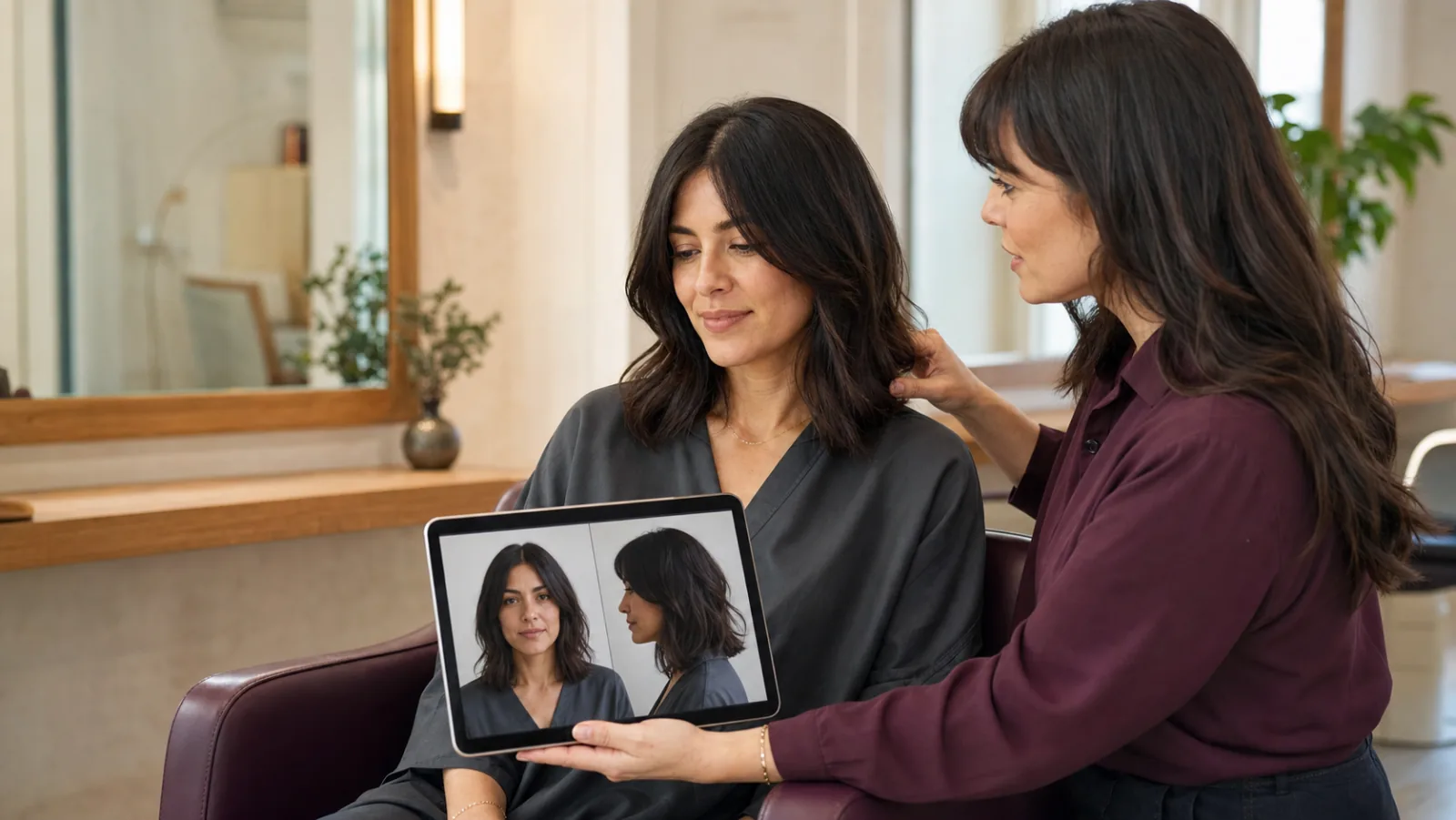 Client and stylist reviewing front and side haircut reference photos on a tablet during a salon consultation