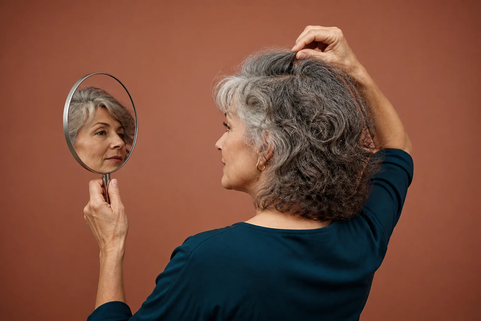 Woman with shoulder-length silver curls lifting the crown while studying her side silhouette in a hand mirror