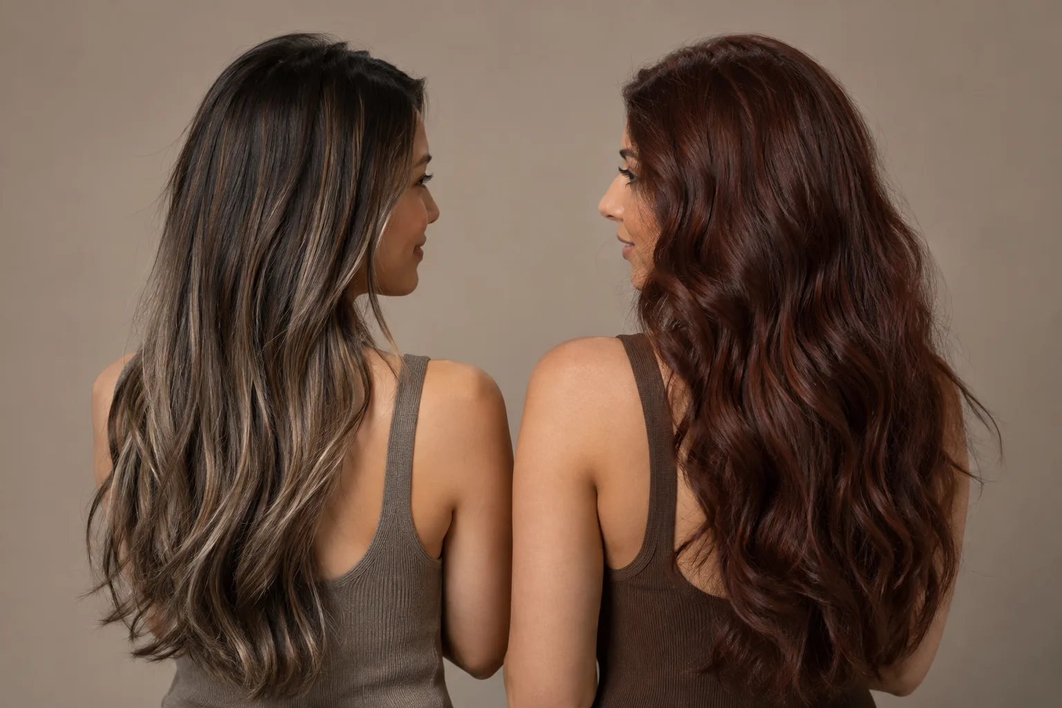 Two different young women viewed from behind, one with delicate beige highlights and one with a continuous deep auburn color