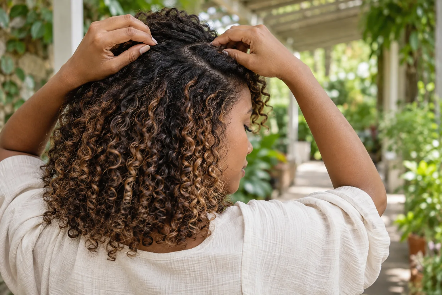 Young woman gently parting highlighted natural curls in daylight to inspect the soft transition at the roots