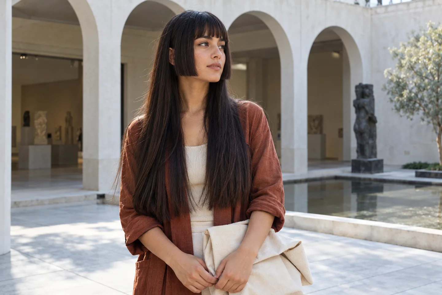 Young woman with long dark chestnut hair and blunt shorter side panels holding a canvas tote beneath pale courtyard arches