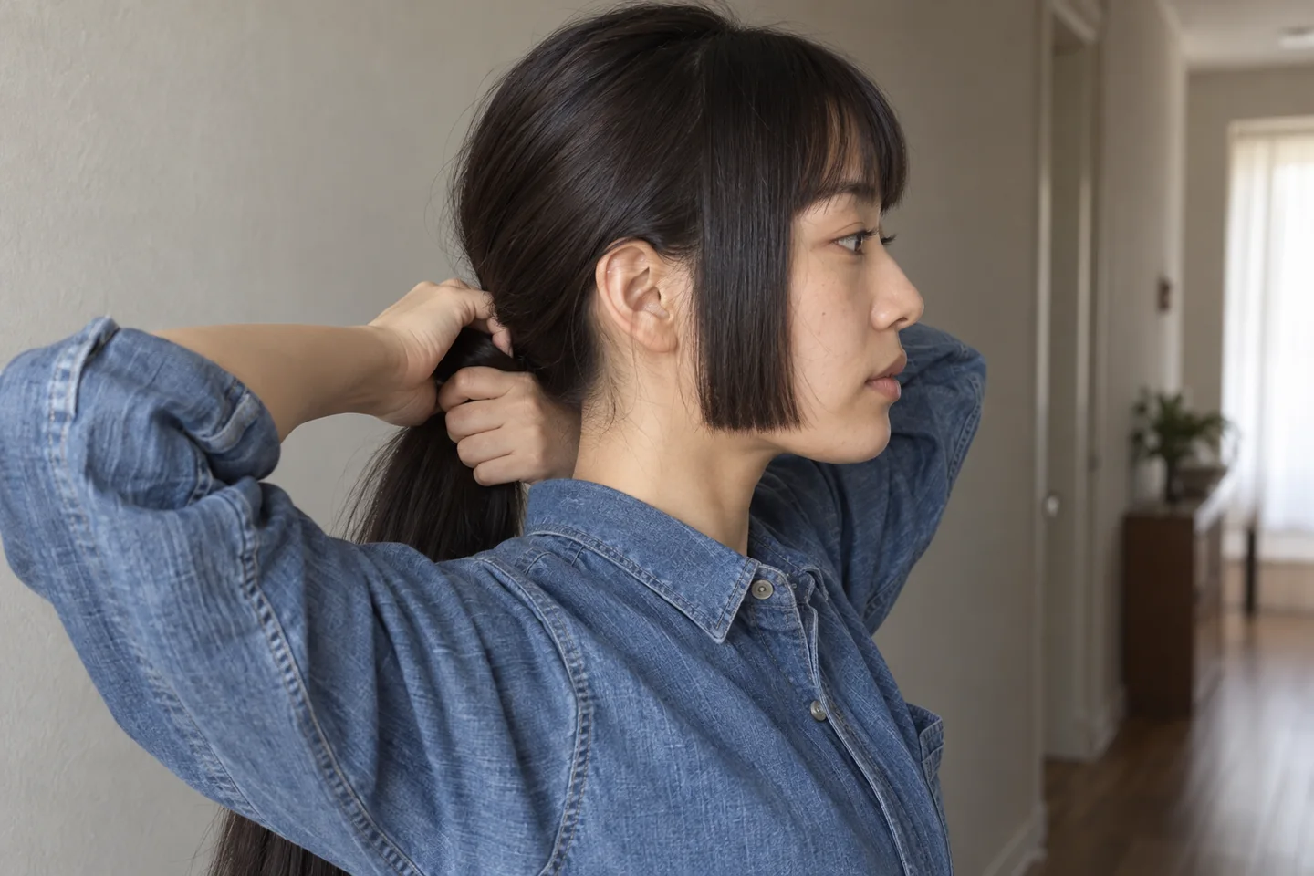 Woman loosely gathering her long dark hair at the nape while a blunt shorter side panel remains free beside her face