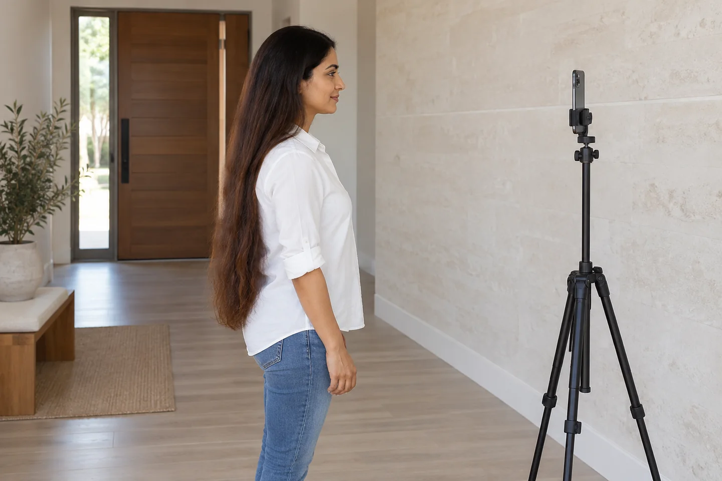 Side view of a woman with long uncut hair standing upright before a smartphone secured at face height on a stable tripod