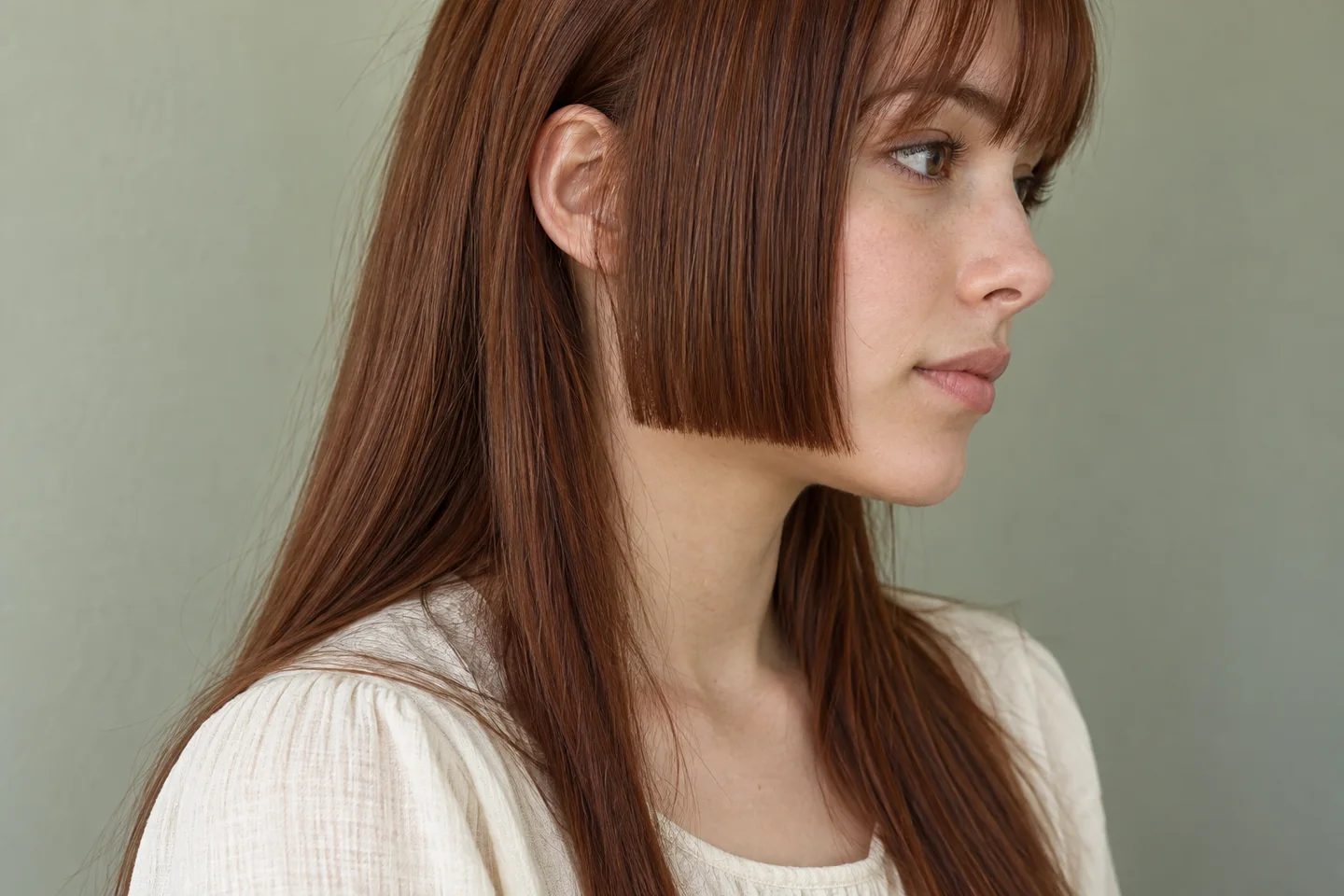 Close three-quarter view of auburn hair with a blunt jaw-length side panel clearly separated from longer hair behind