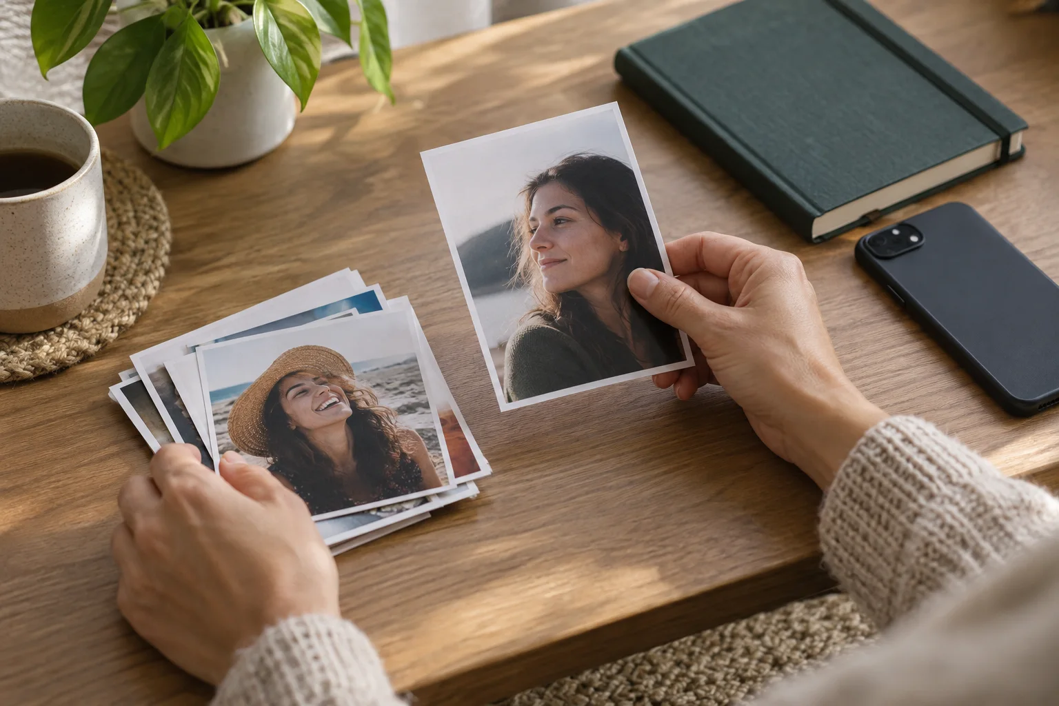 Une main choisit un seul portrait dans une petite pile près d'un téléphone retourné et d'un carnet fermé