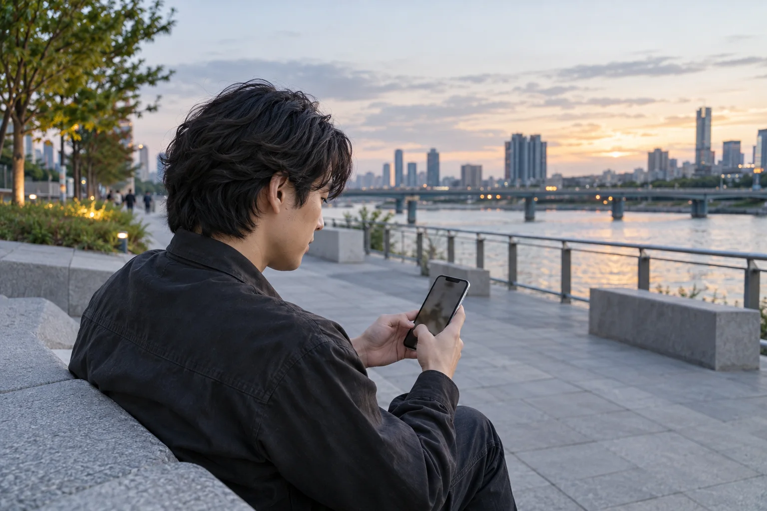 Jeune adulte aux cheveux foncés ondulés consulte des idées de coiffure sur son téléphone au bord d'une rivière au crépuscule
