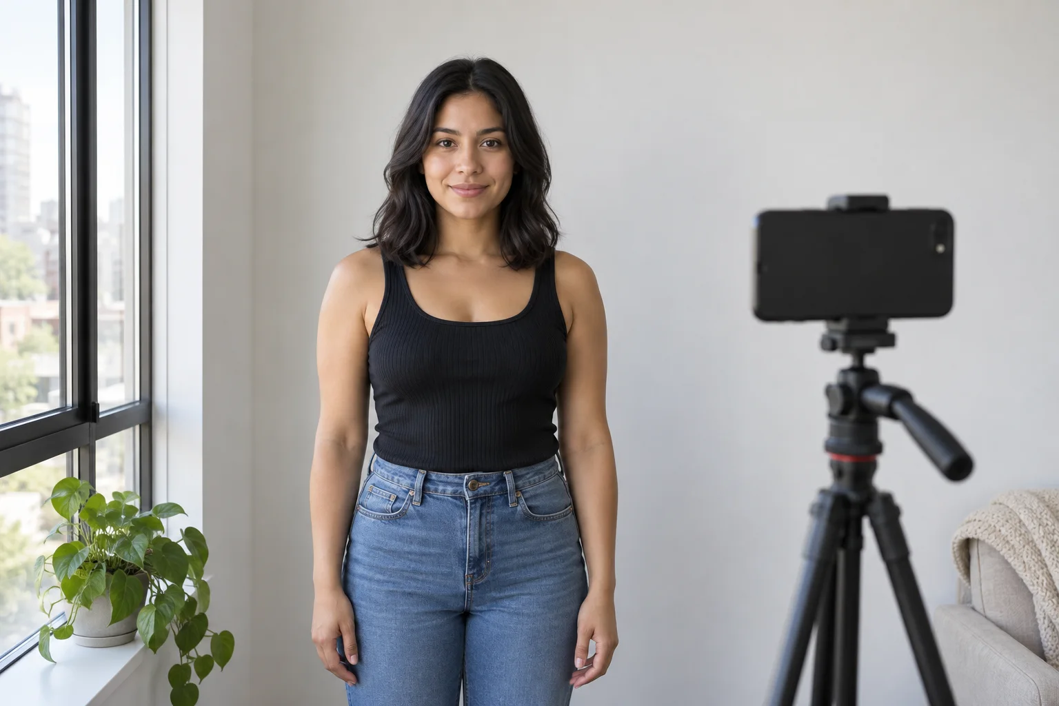 Adulte photographiée de face près d'une fenêtre par un téléphone sur trépied, ligne frontale et épaules visibles