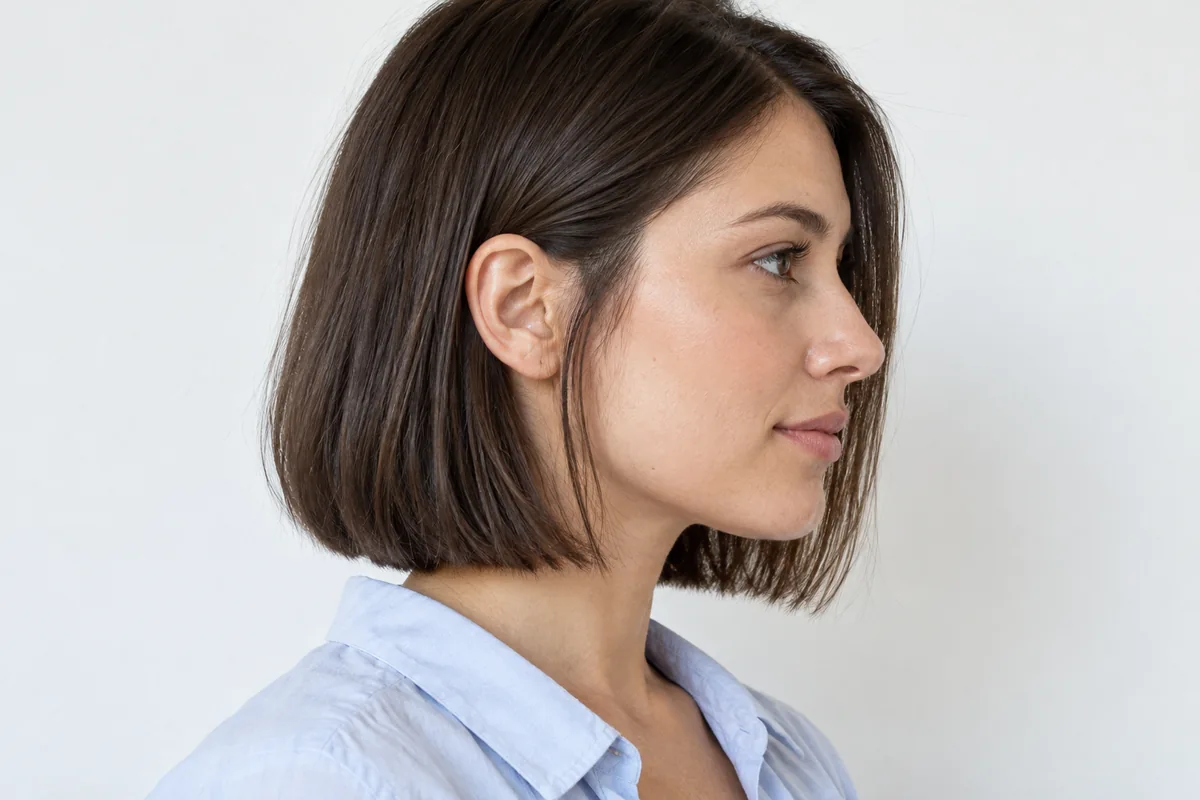 Side view of an adult woman with a dark dry bob ending just below her chin.