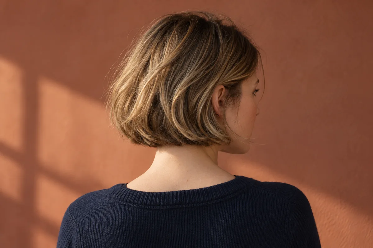 Rear three-quarter view of an adult with a dark blonde bob and a substantial rounded lower edge.