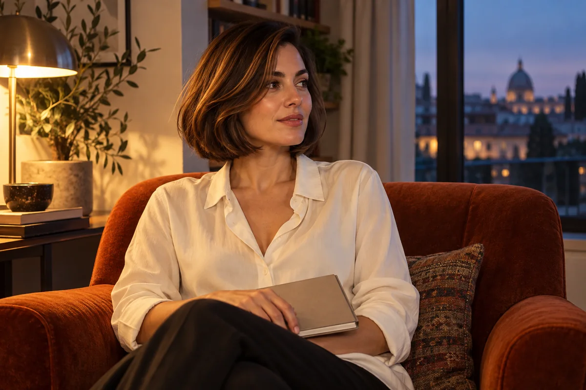 Adult woman with a full chestnut bob sits in a rust armchair beside a window at dusk, holding a closed notebook.