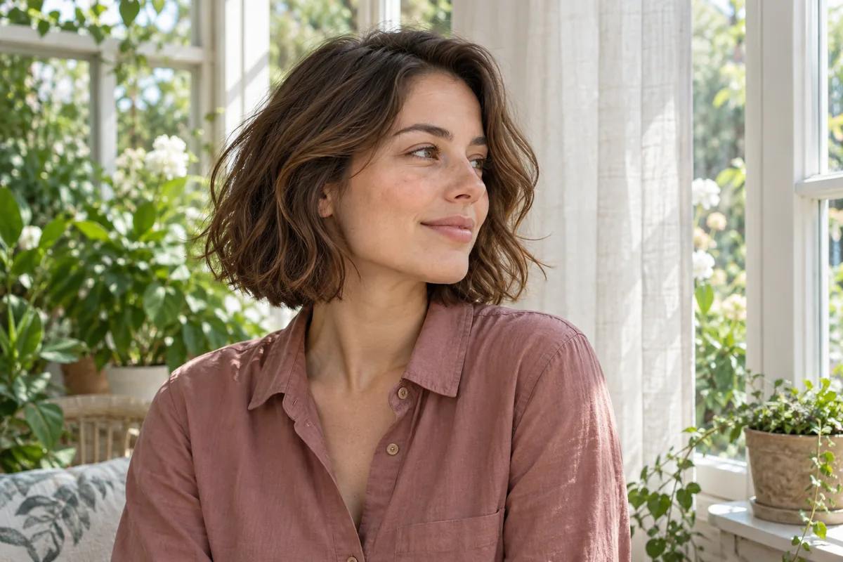 Adult woman with a softly wavy brown bob turns towards a bright conservatory window.