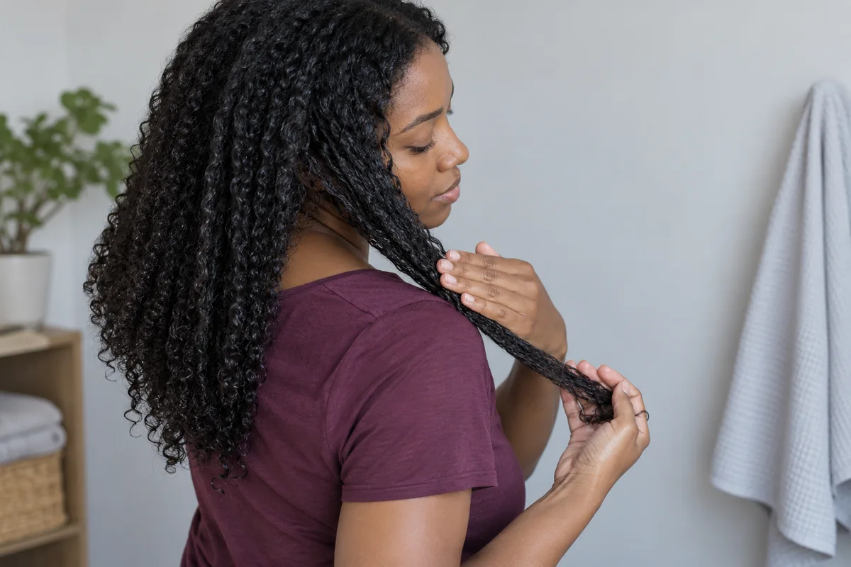 Adult woman supports one lower section of her damp natural coils while smoothing gently away from the scalp.