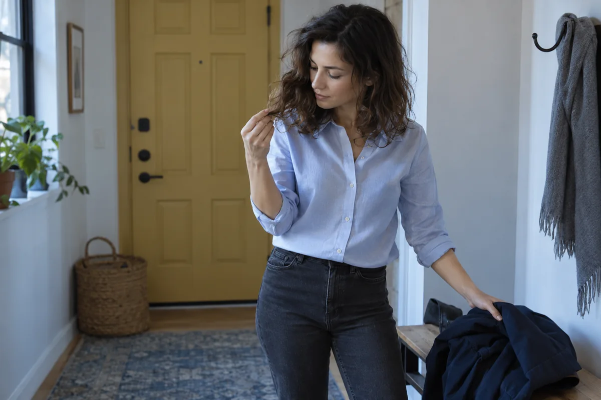 Adult woman checks a loose dry lock beside a jacket at her apartment doorway.