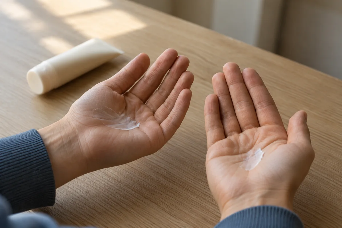 Two adult open palms carry a thin film of white cream above a wooden surface.