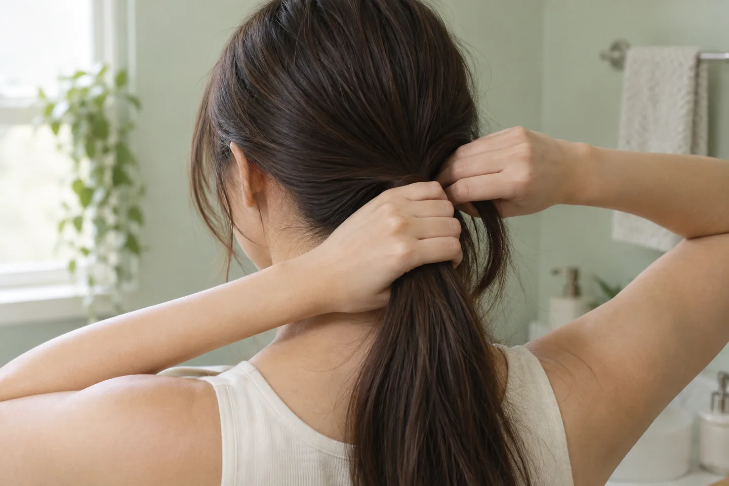 Adult with long straight hair using both hands to support and gather the lengths loosely at the nape before fastening