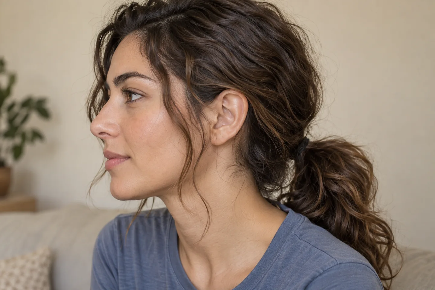 Side profile of an adult with a loose low ponytail and shorter wavy strands left free around the temple and ear