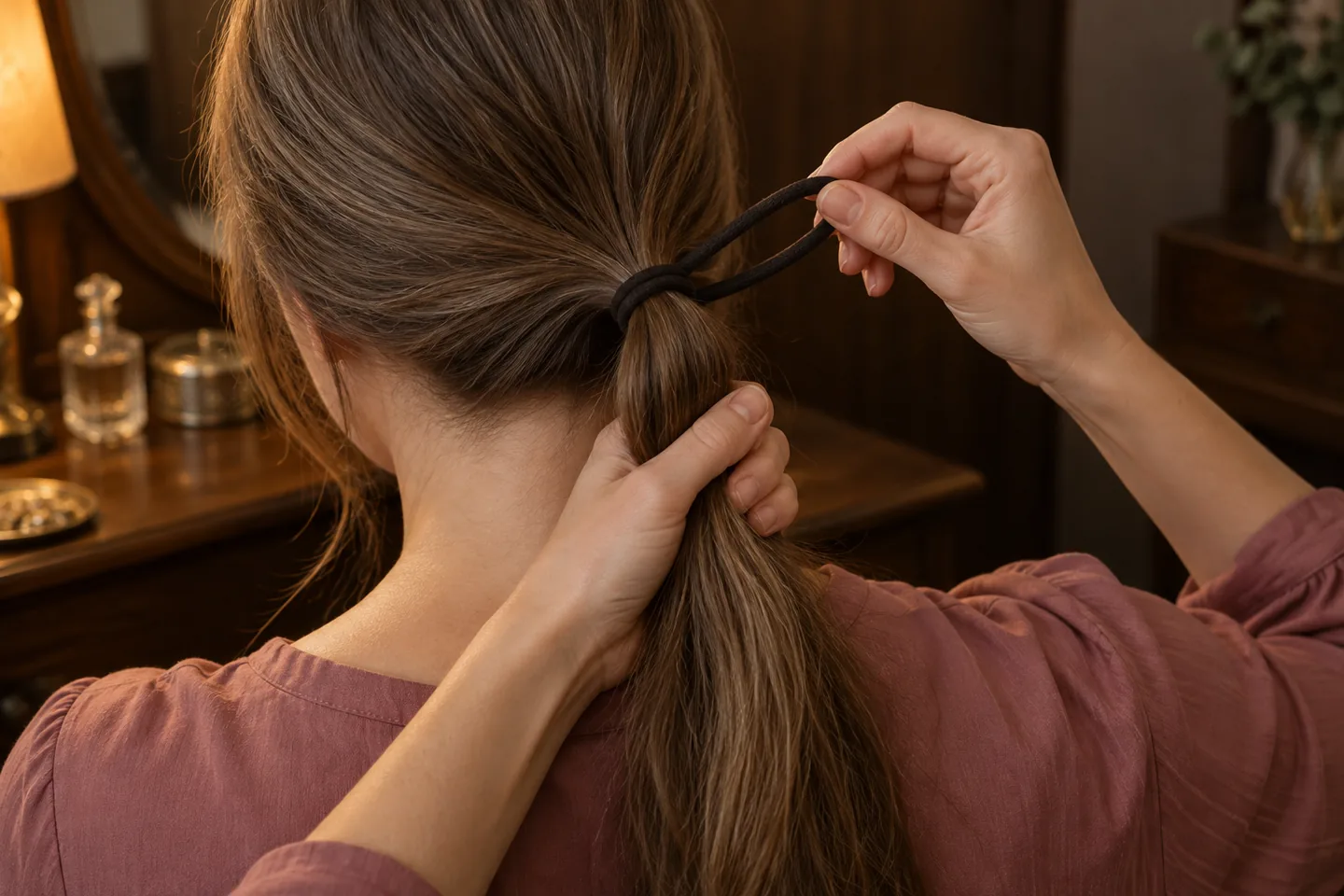 Hands supporting a low ponytail while opening a fabric-covered elastic loop without dragging the tie through the lengths