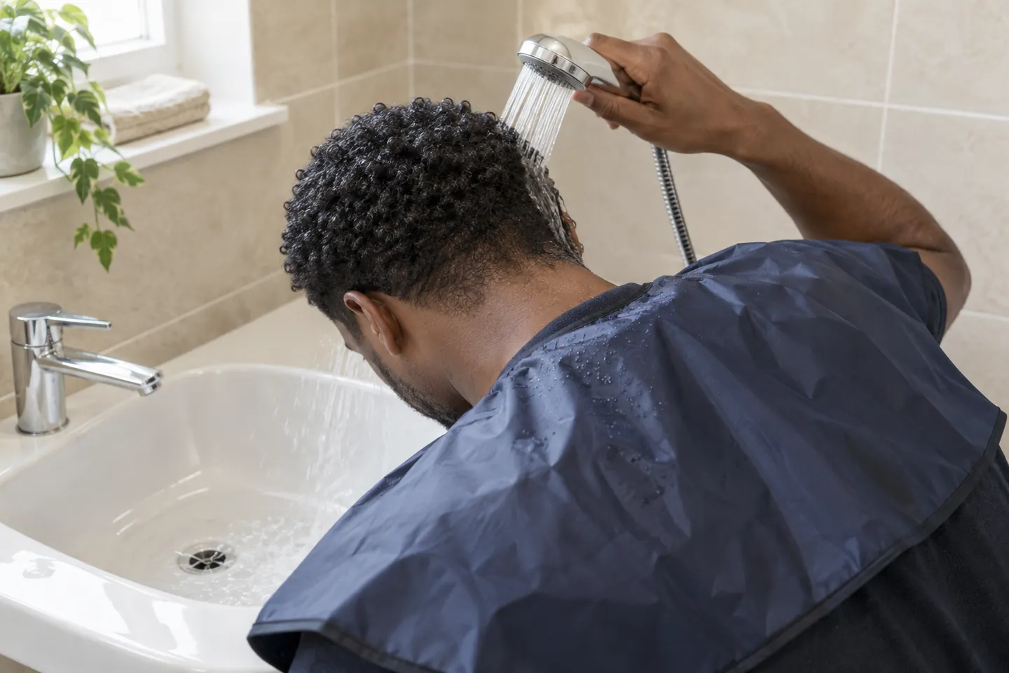 Young man in a navy washing cape guides a handheld water stream over his short coils into a white basin