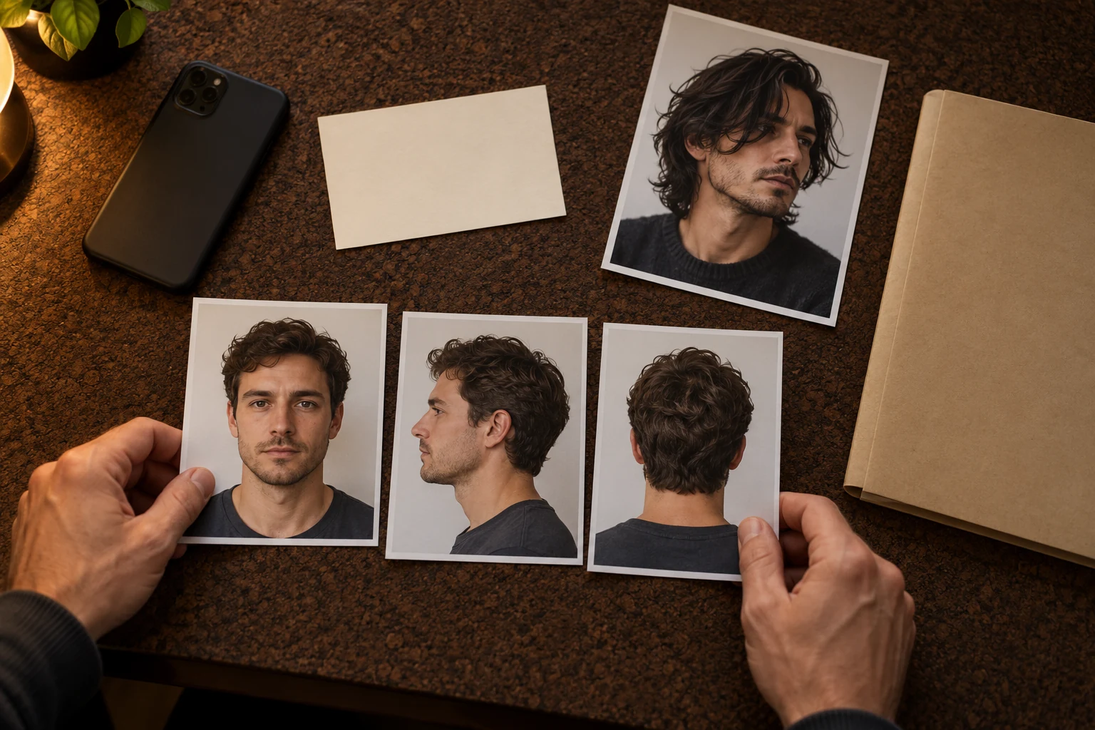 Three current front, side and rear photos of one man beside a separate inspiration portrait, a plain folder and a face-down phone