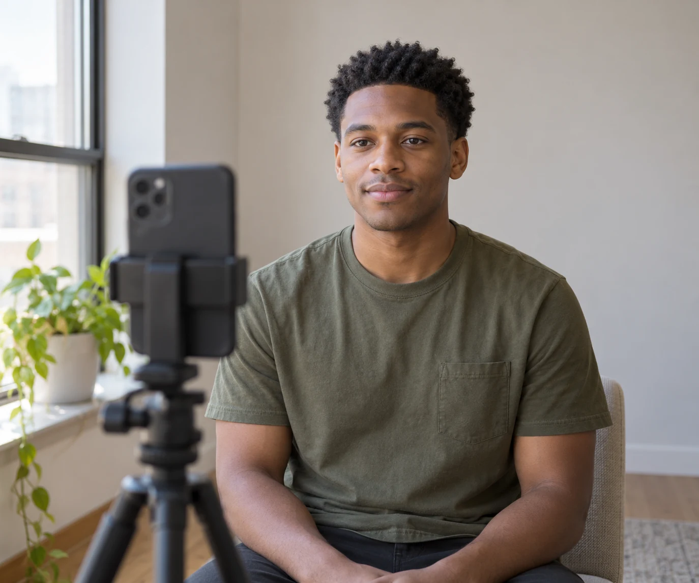 Man with short natural coils facing an eye-level tripod phone beside a window, with his whole head and ears visible