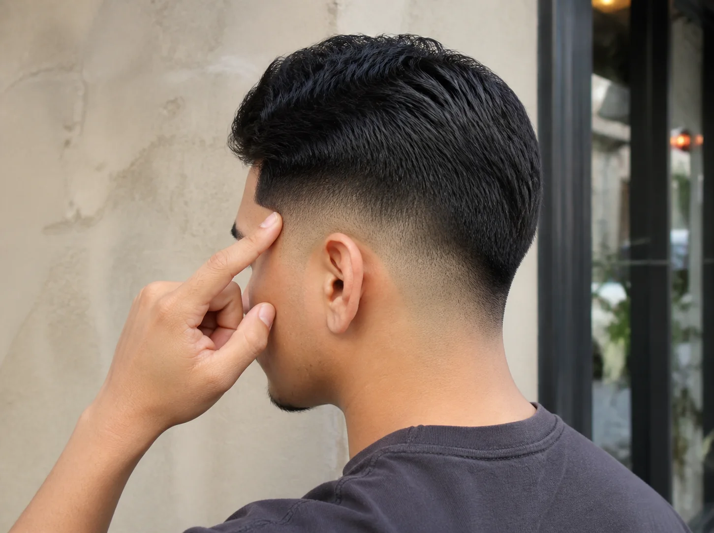 Close back and side view of a young man indicating the temple transition of a realistic mid fade haircut