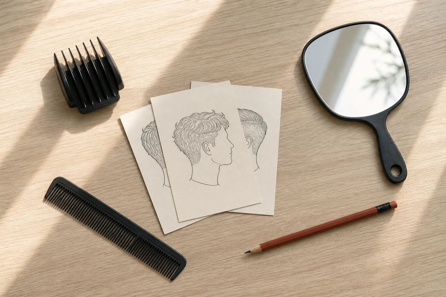 Overhead haircut planning layout with unbranded clipper guards, comb, mirror, pencil and three simple men's haircut sketches