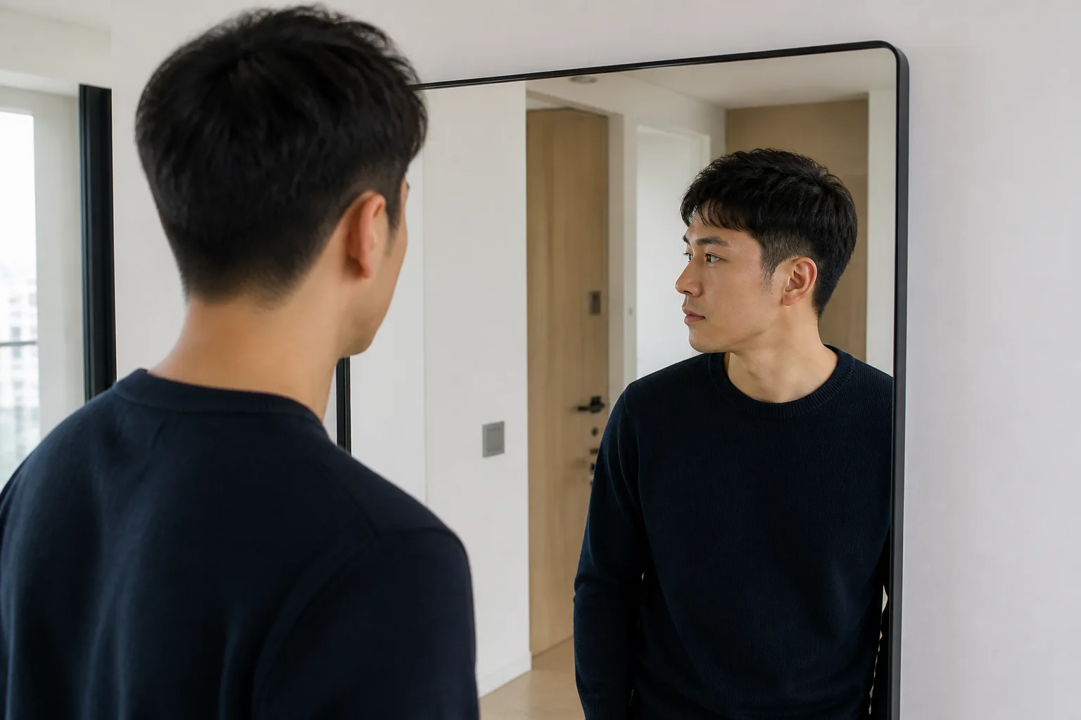 Young man with a textured crop and low taper studying his side profile in a bright hallway mirror