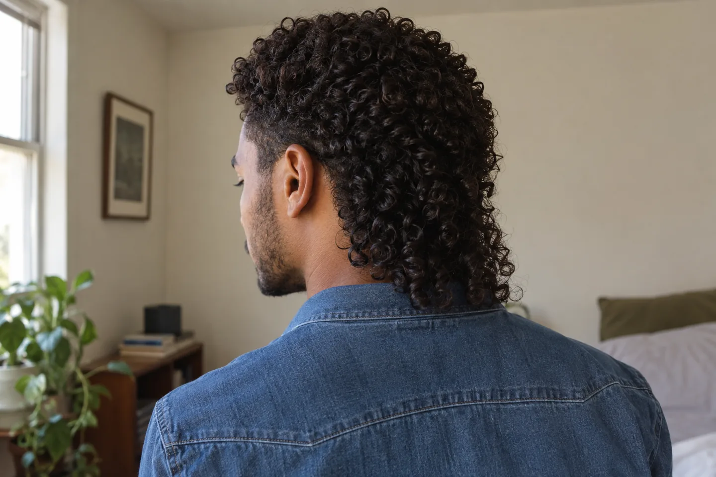 Vue arrière de trois quarts d'un homme au mulet bouclé sec, avec des boucles plus longues au-dessus d'un col en denim indigo