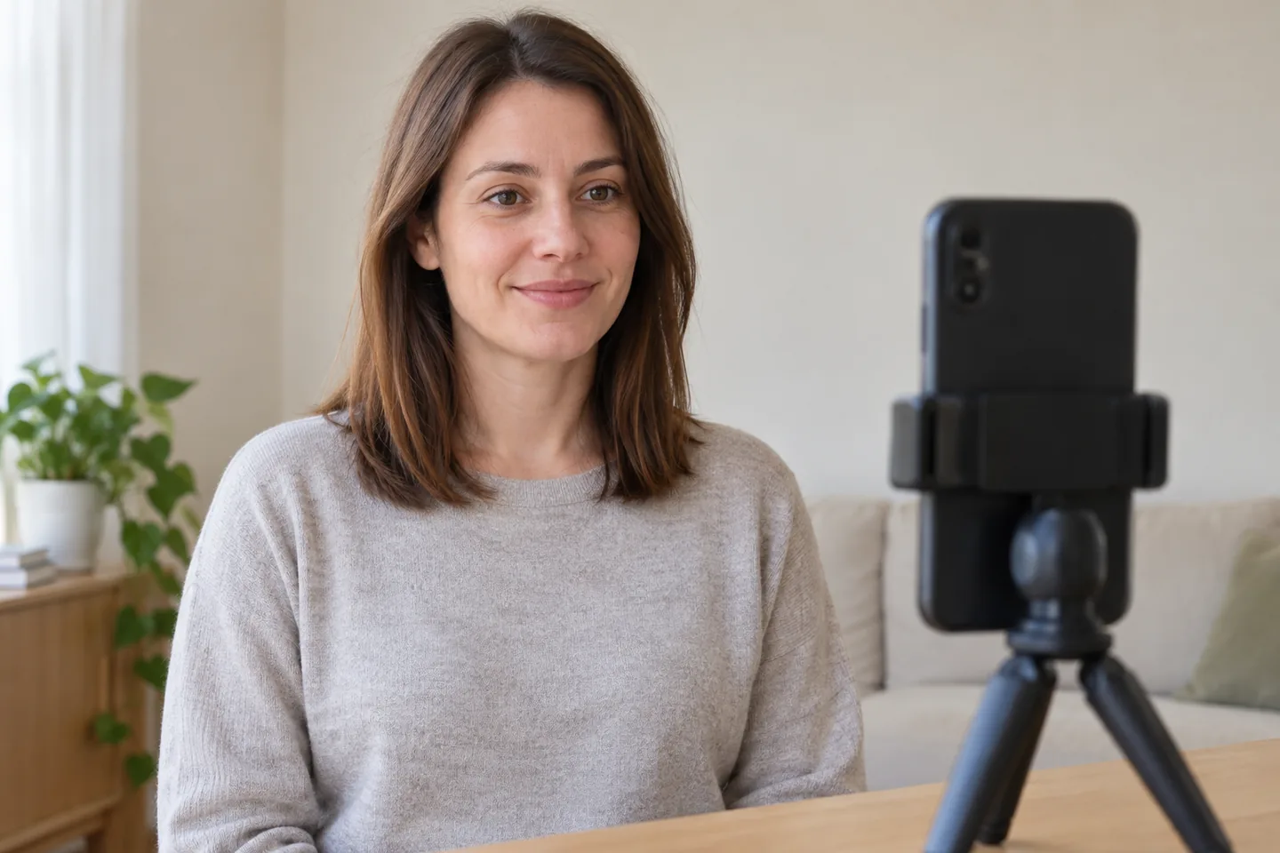 Femme aux cheveux bruns aux épaules assise en lumière naturelle uniforme face à un téléphone sur trépied de table