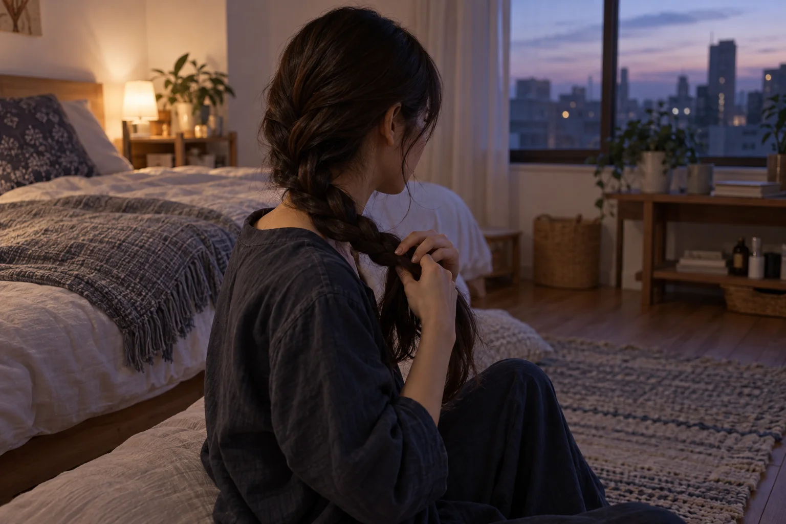 Young woman loosely braids long dark hair beside her bed at dusk