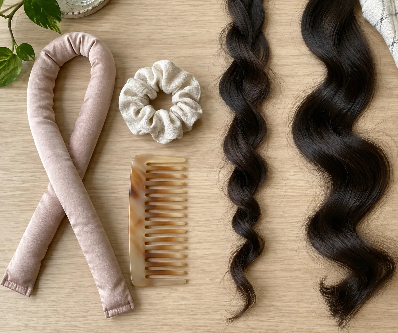 Soft fabric curling ribbon, scrunchie and comb beside two distinct loose wave patterns