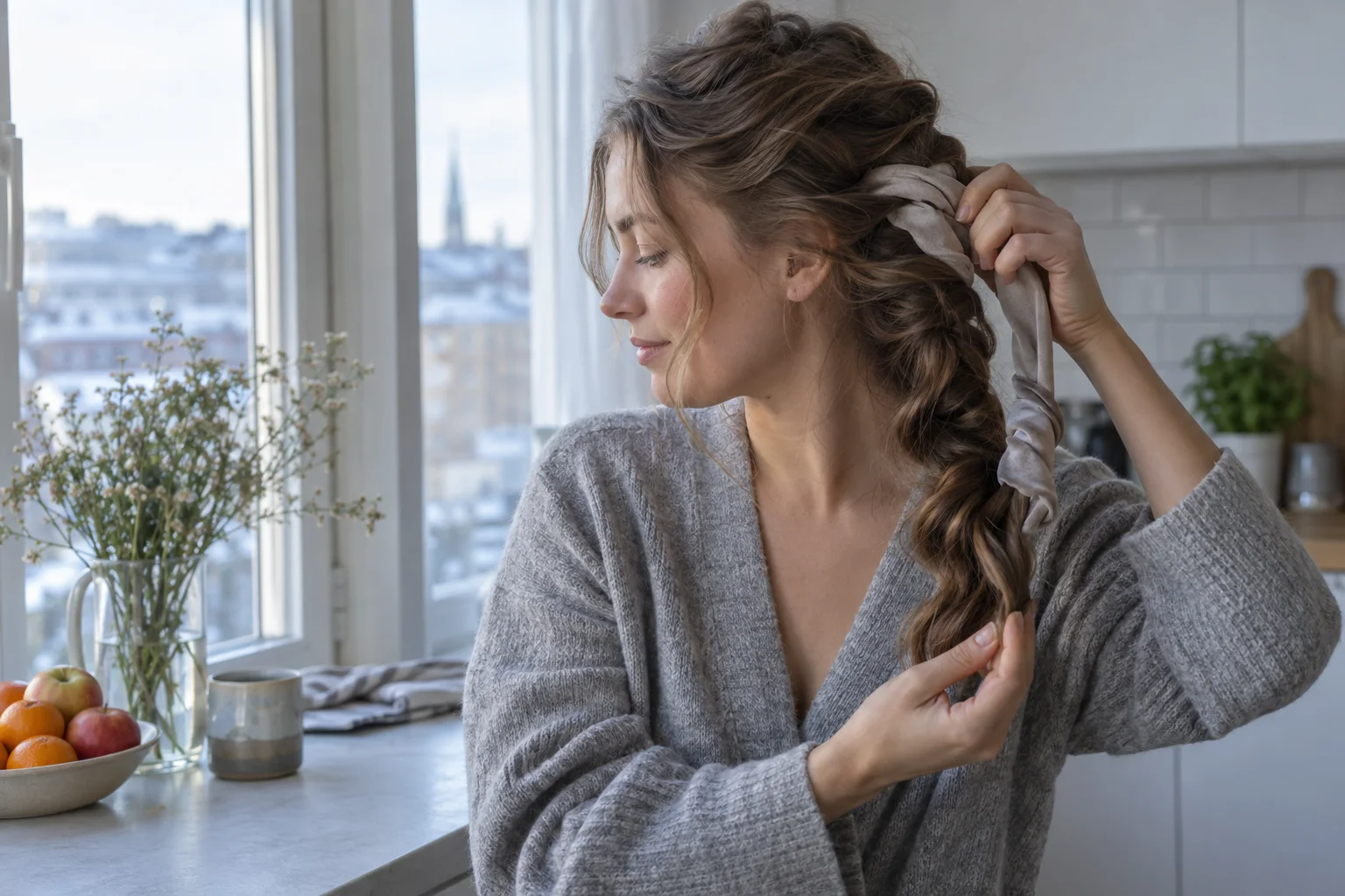 Young woman gently unwinds a fabric curling ribbon from dry hair in morning window light