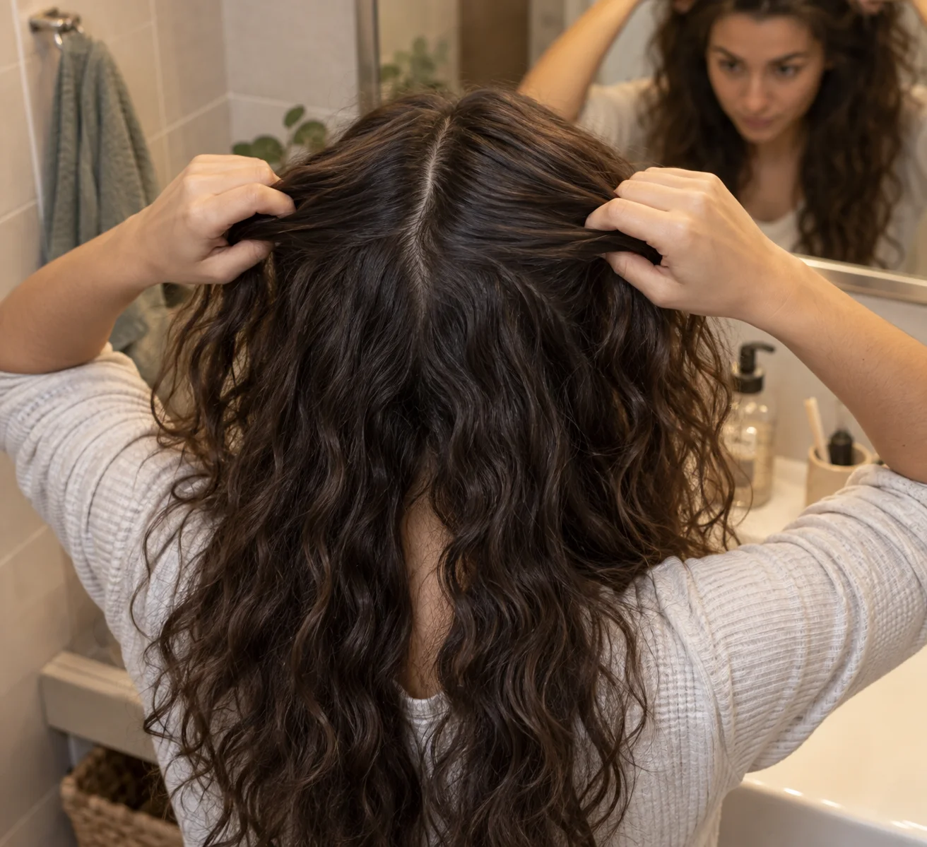 Person gently divides nearly dry wavy hair into two broad sections at a bathroom mirror
