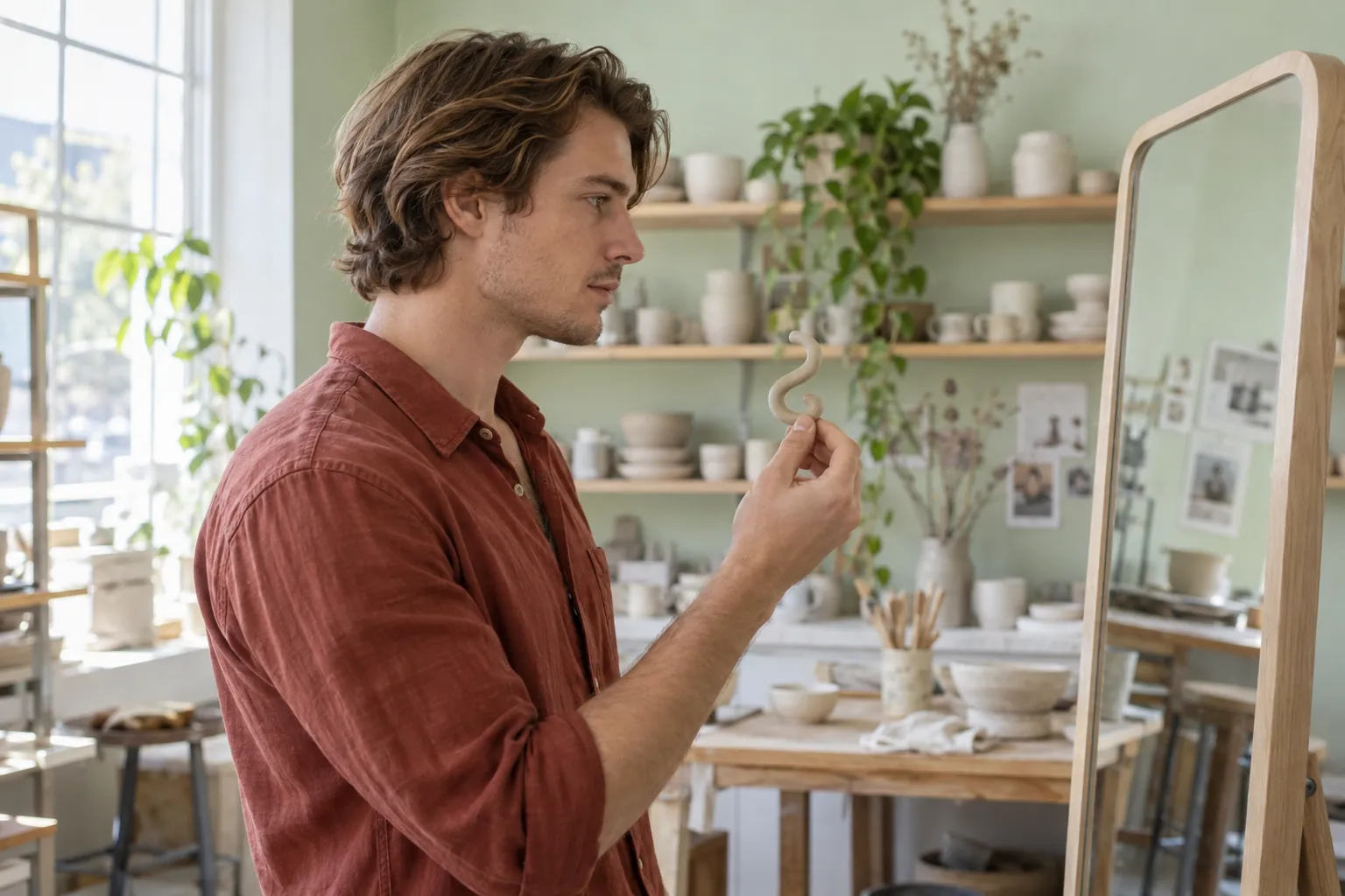 Young man with sandy brown hair holding a curved ceramic shape in front of a mirror in a bright studio