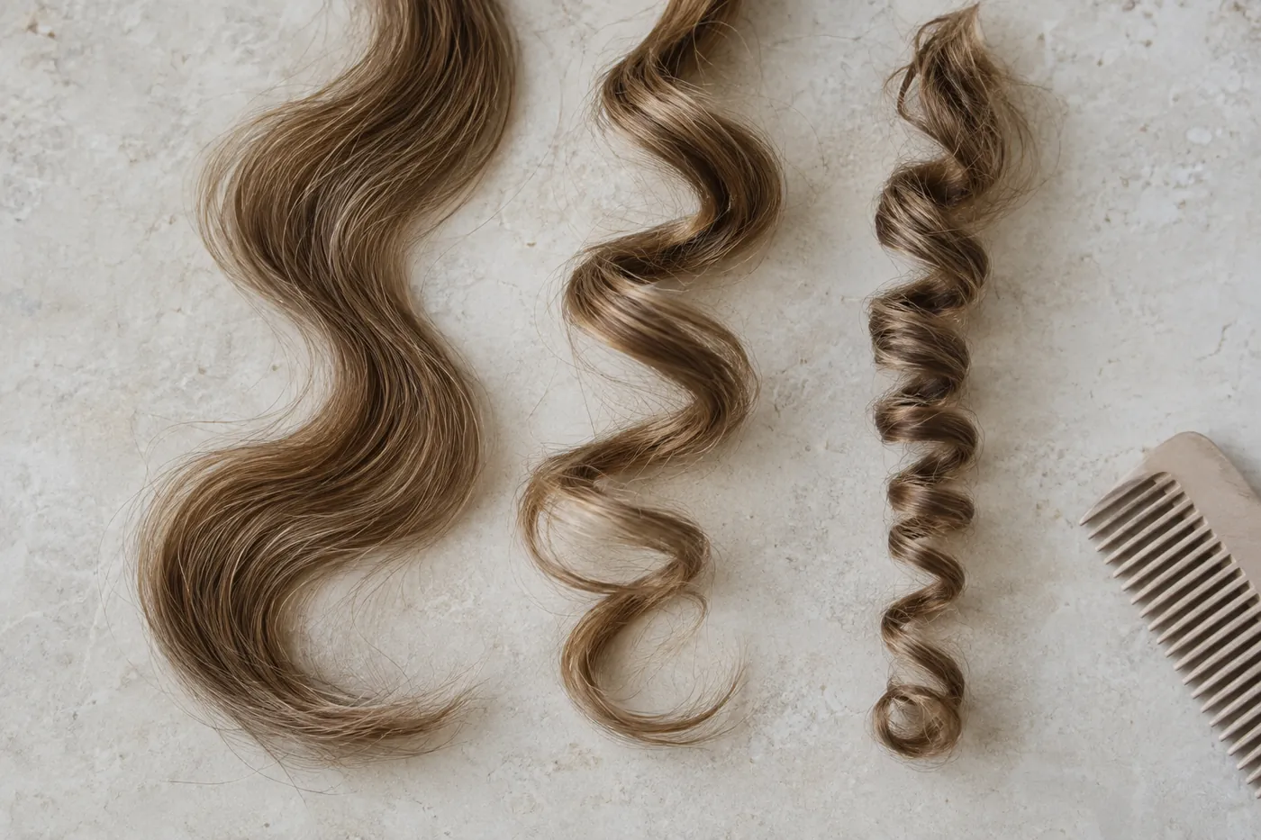 Three separate sandy brown hair samples show a broad S wave, an open curl and a compact spiral on pale stone