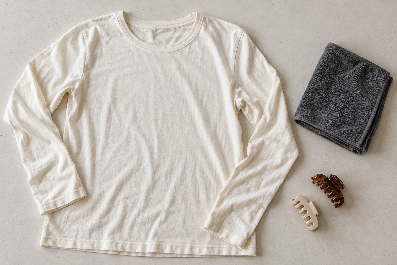 Open cream cotton T-shirt beside a folded dark hair cloth and two clips on a pale tabletop