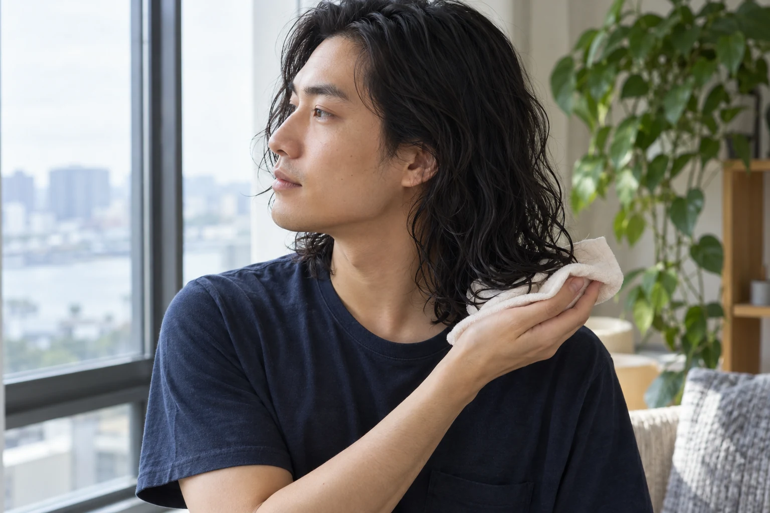 Young man with shoulder-length waves sits upright and supports damp ends in an open hand lined with a cream cloth