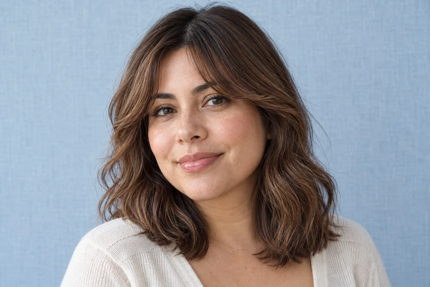 Woman with a light centre-opening fringe and chestnut shoulder-length hair, with her cheeks and eyes unobstructed