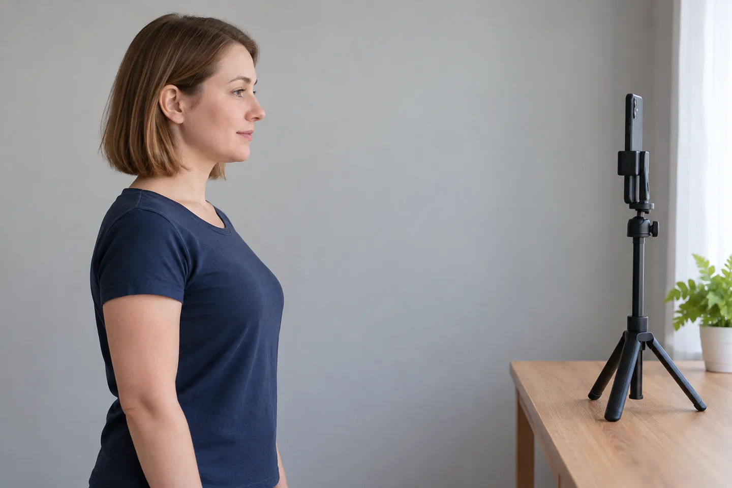 Woman with a jaw-length bob standing upright before a phone secured at face height on a tabletop tripod