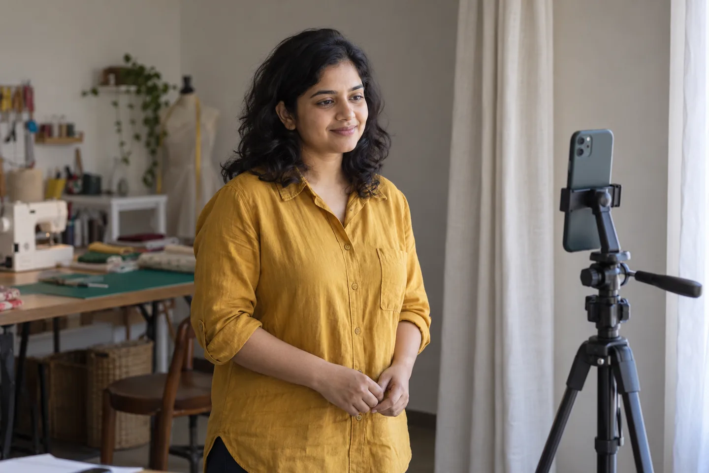 Young woman with shoulder-length dark waves preparing a portrait beside a supported phone in a quiet home sewing studio