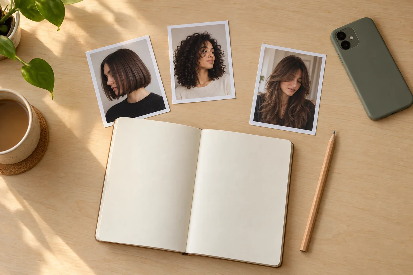 Overhead view of a blank notebook, pencil, three separate haircut inspiration prints and a face-down phone on a birch desk