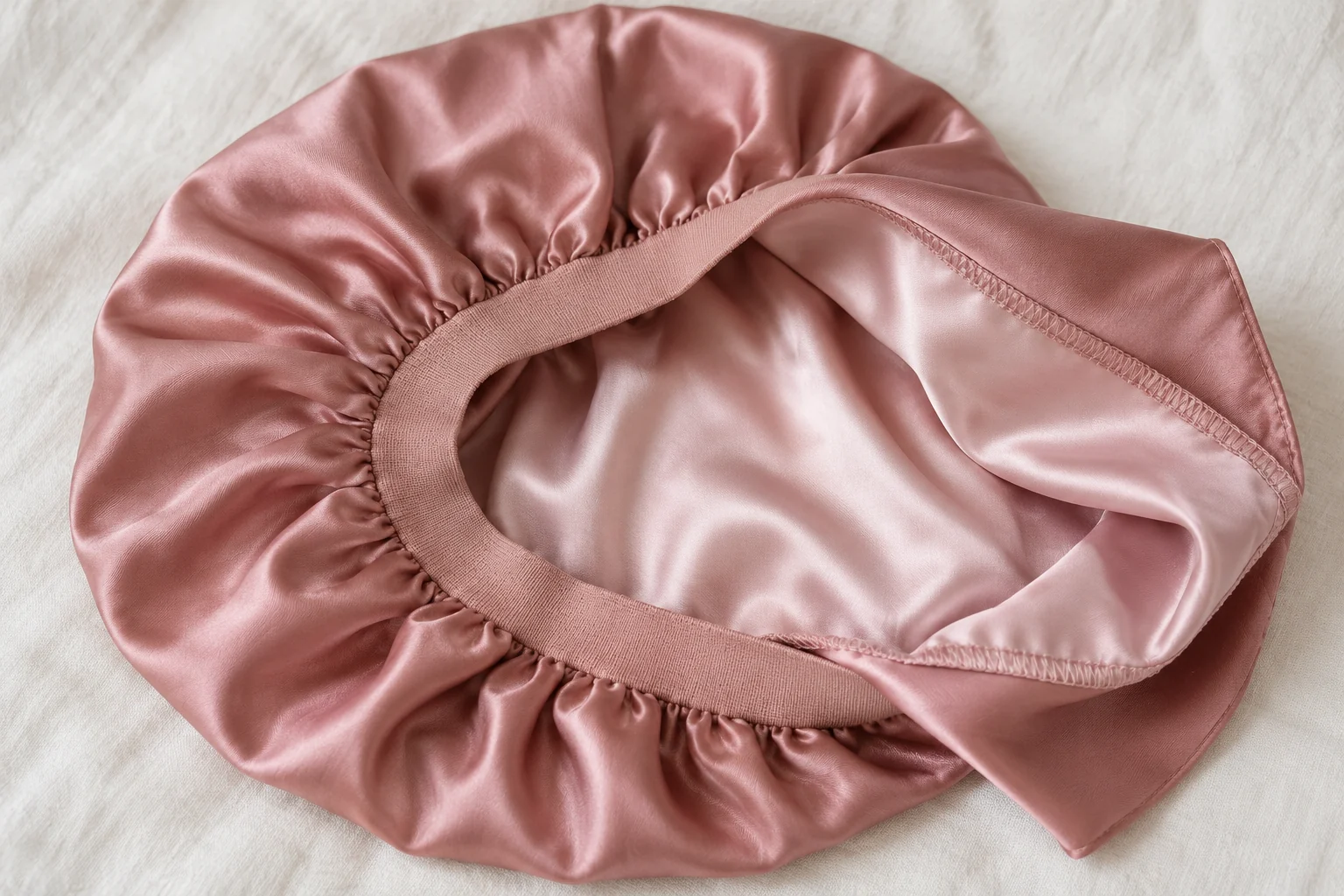 Touca rosa de cetim parcialmente virada para mostrar forro, costura e abertura sobre tecido creme